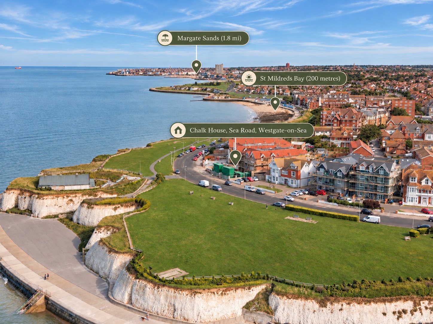 Aerial view of Westgate-on-Sea, the chalk cliffs and St Mildred’s Bay, with Chalk House and nearby points labelled