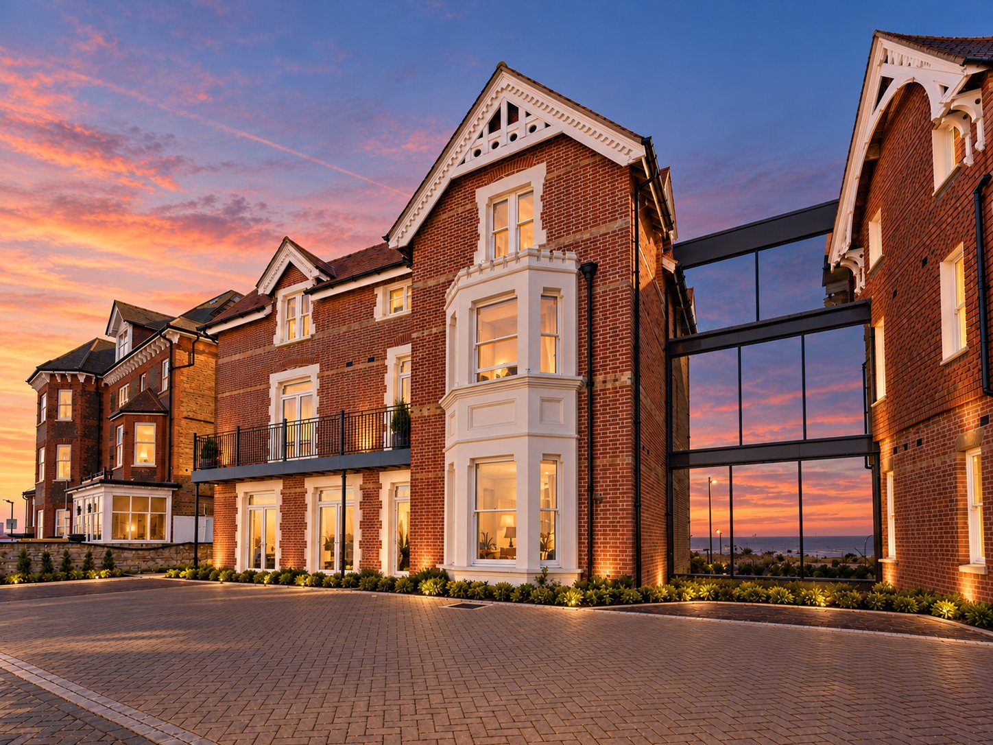 Chalk House at dusk: three restored red brick Victorian villas on Sea Road, Westgate-on-Sea, with lit windows and a glazed link