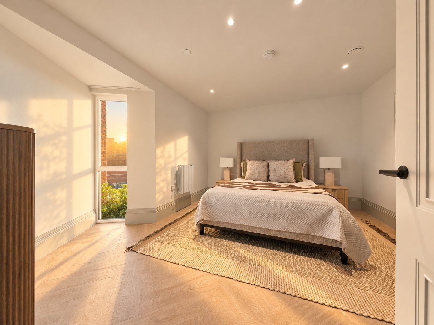Principal bedroom with a full height window and morning light